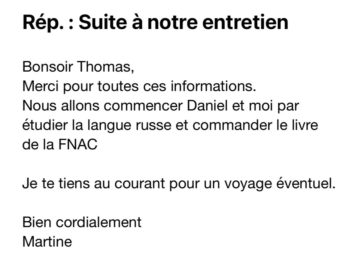 Message 1 sur 8 : une personne accompagnée pour son installation en Russie raconte comment ça s’est passé