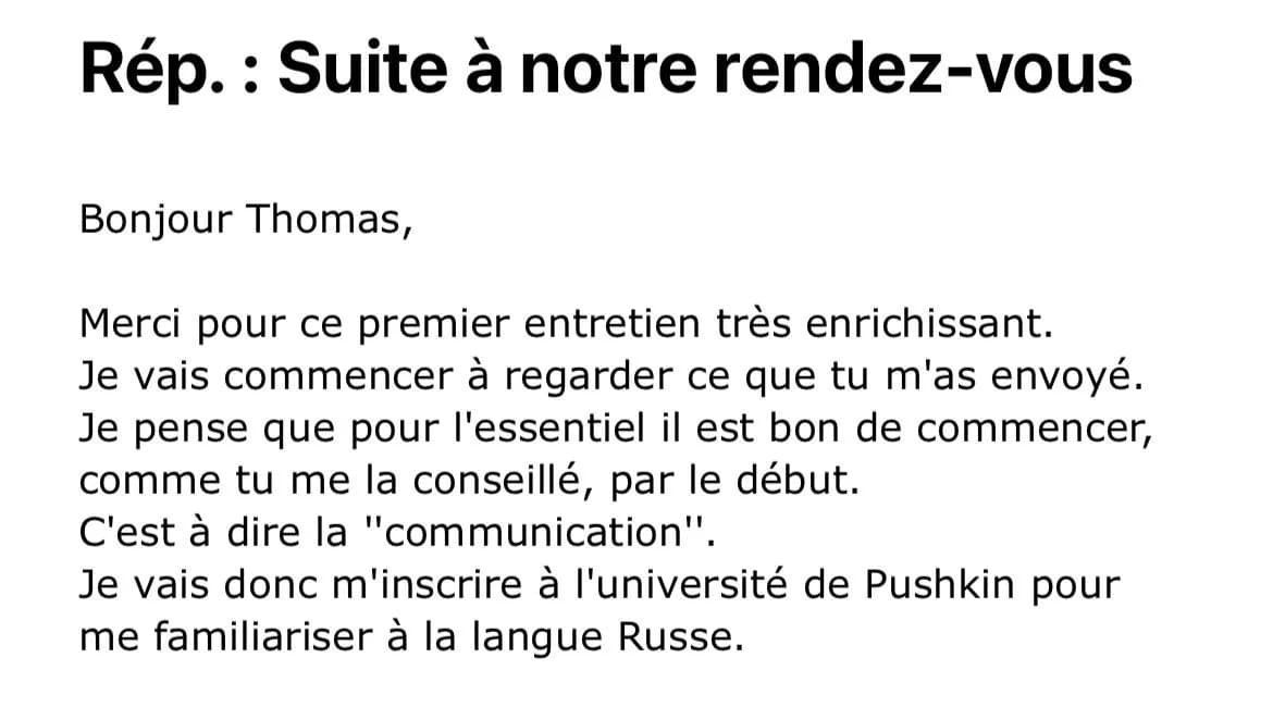 Message 2 sur 8 : une personne accompagnée pour son installation en Russie raconte comment ça s’est passé