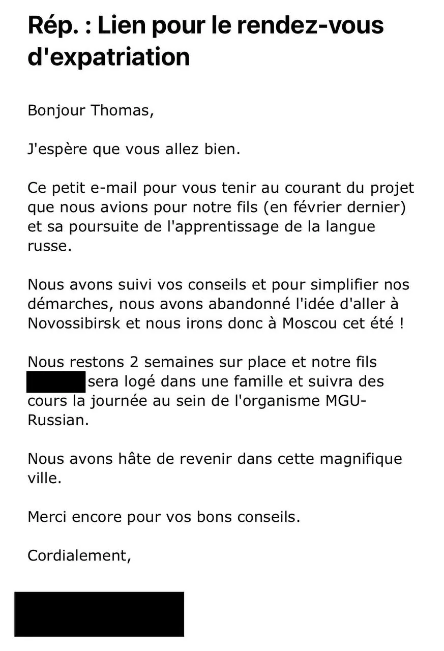 Message 4 sur 8 : une personne accompagnée pour son installation en Russie raconte comment ça s’est passé
