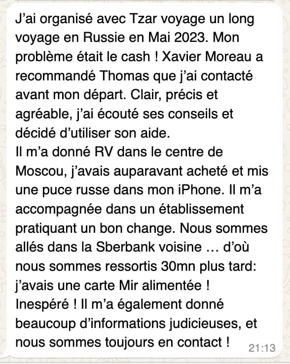 Message 6 sur 8 : une personne accompagnée pour son installation en Russie raconte comment ça s’est passé