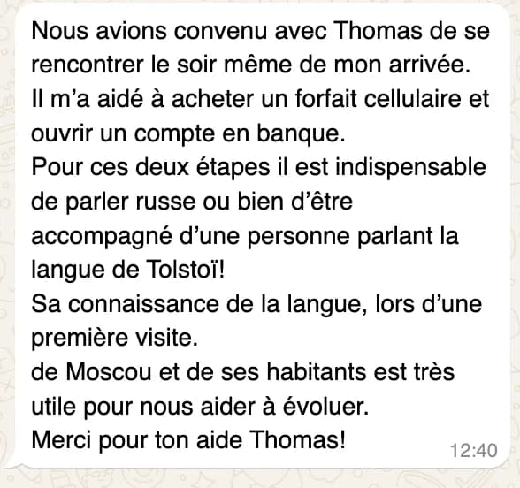Message 8 sur 8 : une personne accompagnée pour son installation en Russie raconte comment ça s’est passé